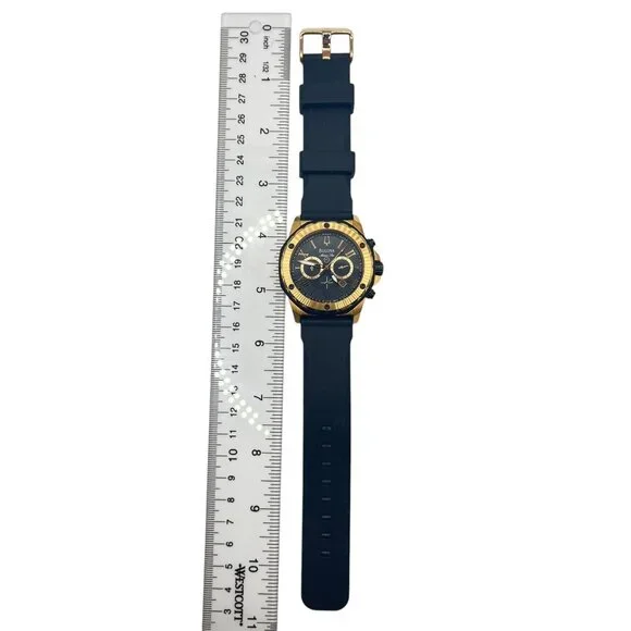 Bulova Men's Watch 96B104 Marine Star Gold Black Dial Black Rubber Strap